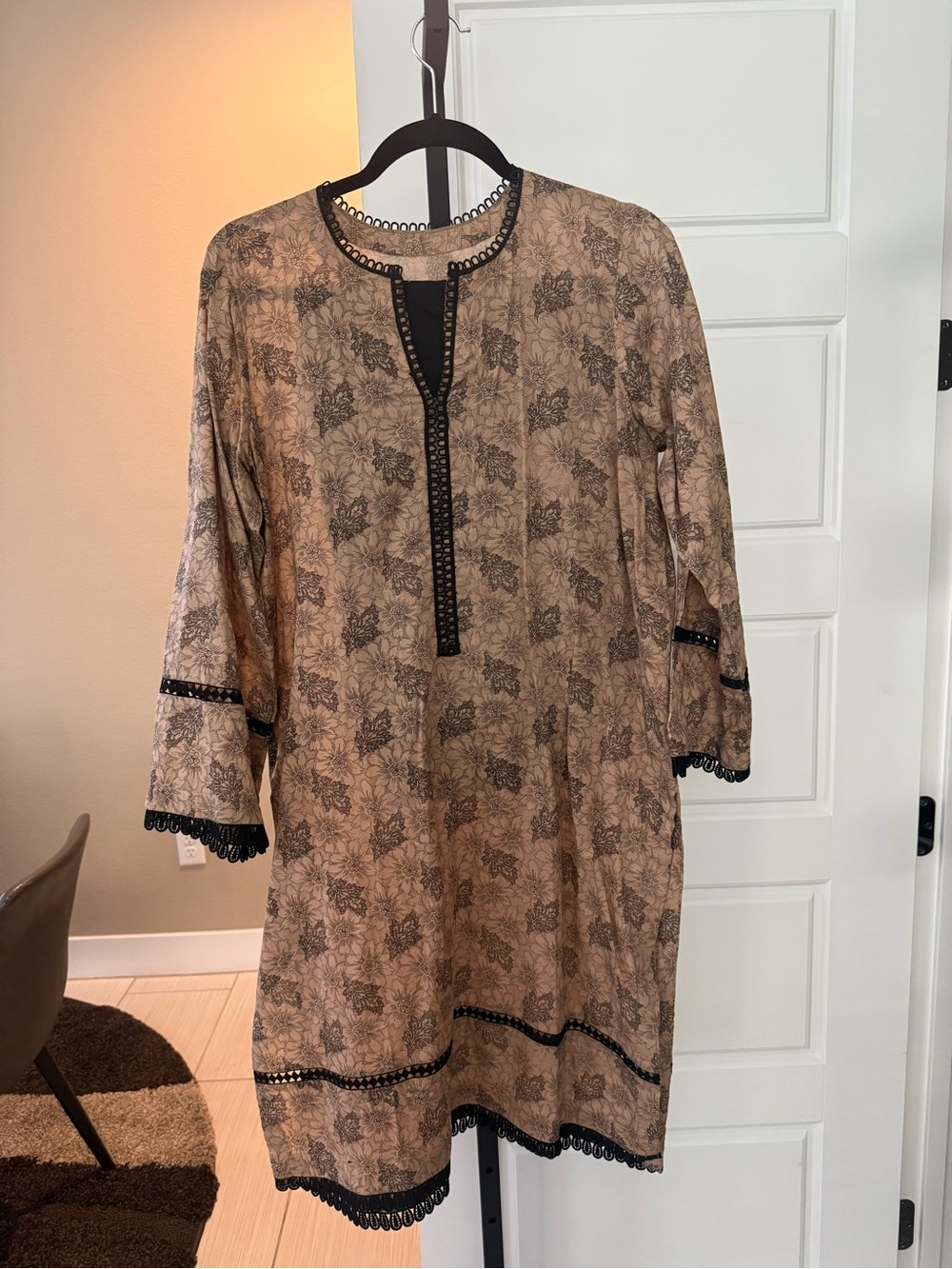 Beige Floral Tunic Dress with Black Trim